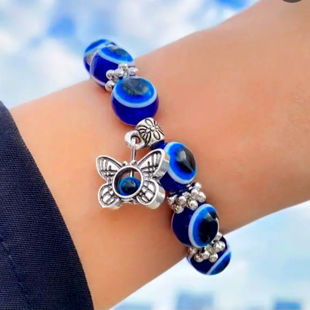Evil eye Blue Beaded Bracelet with Silver Butterfly Charm